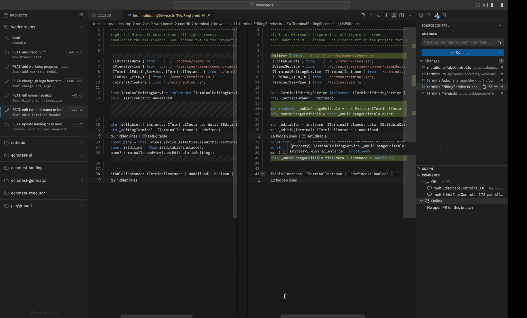 Workstream IDE — worktree sidebar, agent session, and workspace explorer