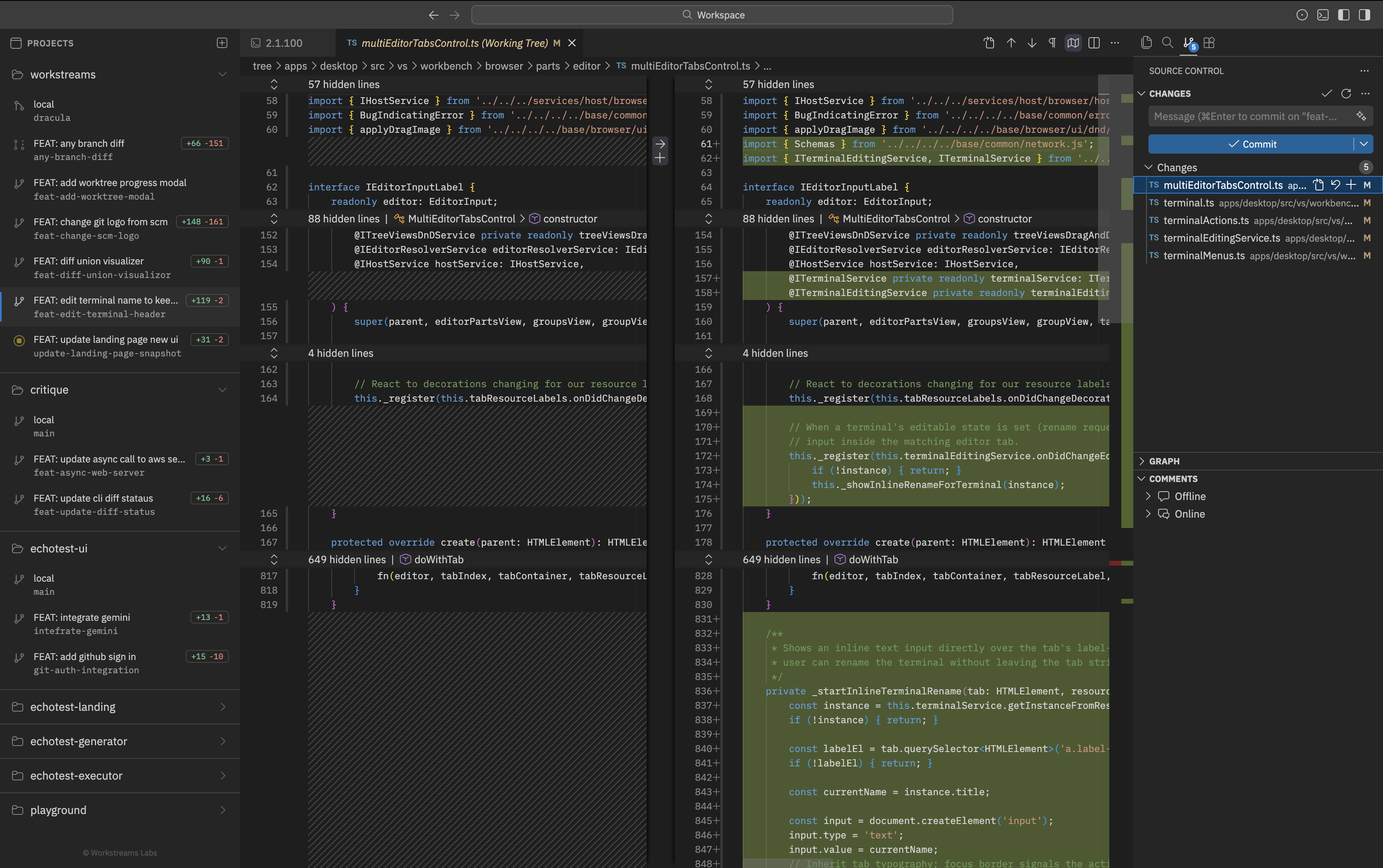 Isolated worktrees with split diff view