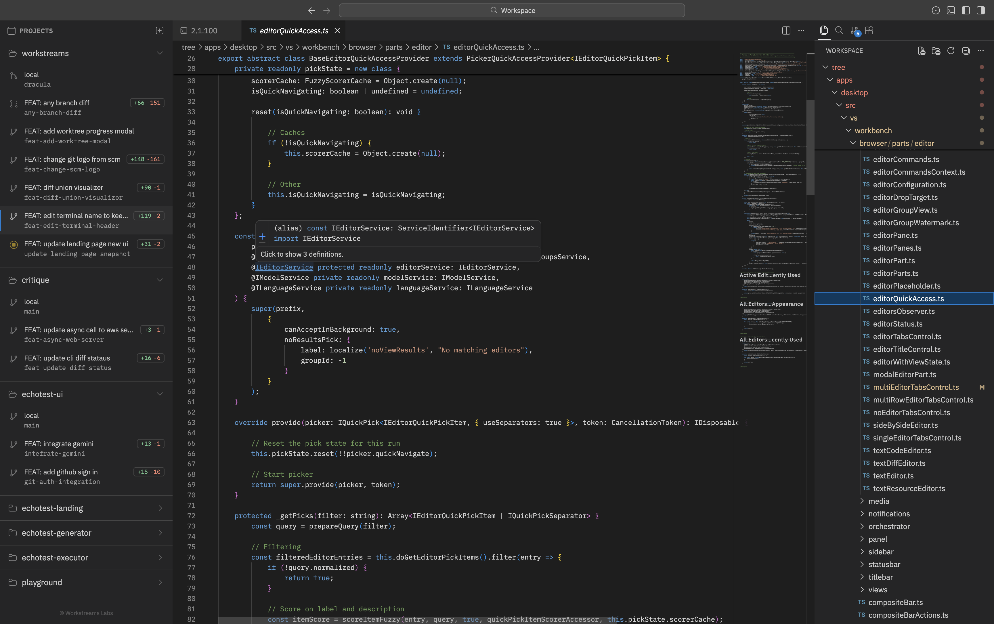 LSP-integrated editor with syntax highlighting and autocomplete