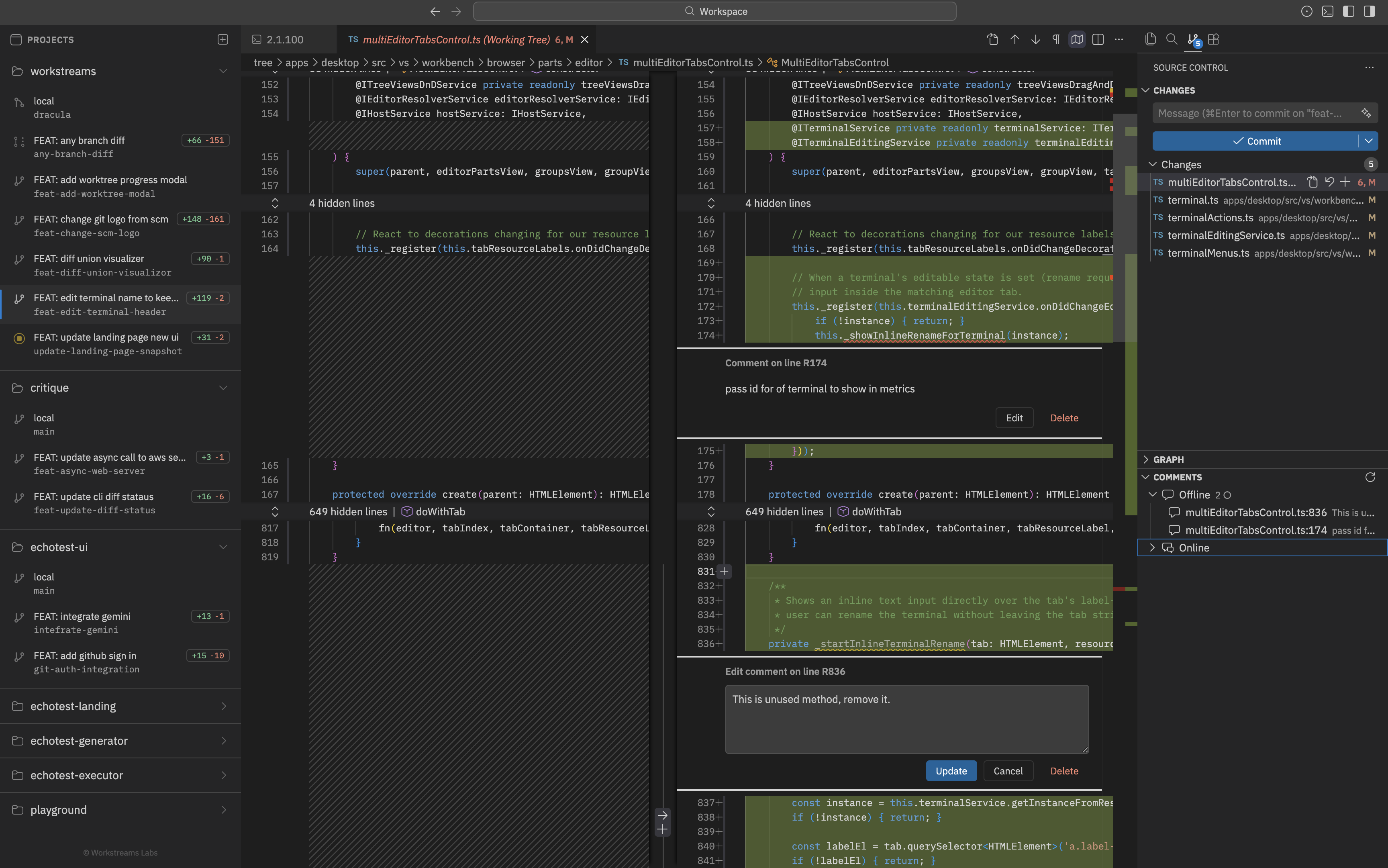 Inline review comments with offline and online support